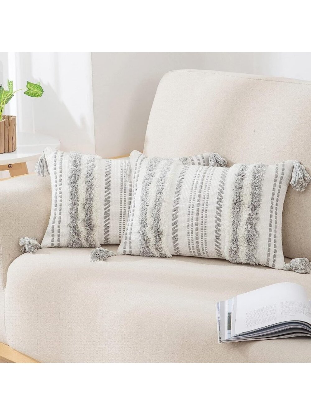 Stylish Grey & Cream White Throw Pillow Covers 12x20 - Set of 2 Decorative